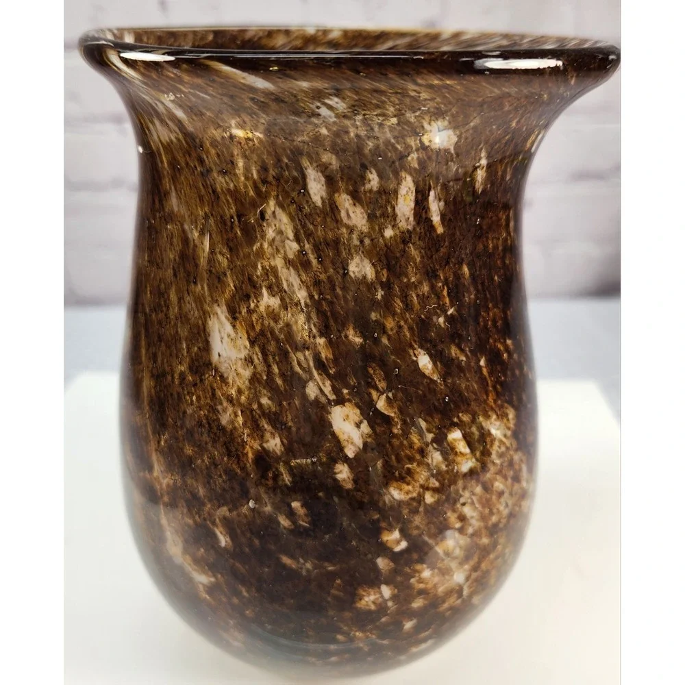 Vintage Murano Brown-Amber, Cream Swirl Hand Blown Vase Rich Earth Tone Colors!